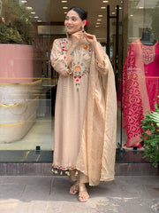 Elegant Beige Cotton Embroidered Kurta Set with Dupatta