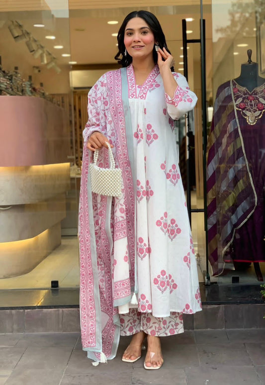 Blush Floral Printed Anarkali Suit Set with Dupatta