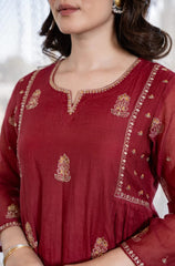 Crimson Embroidered Anarkali Suit Set with Dupatta