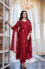 Crimson Embroidered Anarkali Suit Set with Dupatta