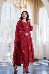 Crimson Embroidered Anarkali Suit Set with Dupatta