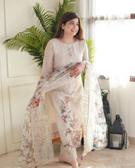 Elegant Floral Printed Cotton Suit Set with Sheer Dupatta
