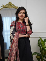 Elegant Black Embroidered Kurta Set with Printed Dupatta