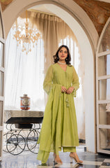 Women’s Green Embroidered Kurta Set with Floral Dupatta