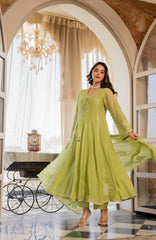 Women’s Green Embroidered Kurta Set with Floral Dupatta