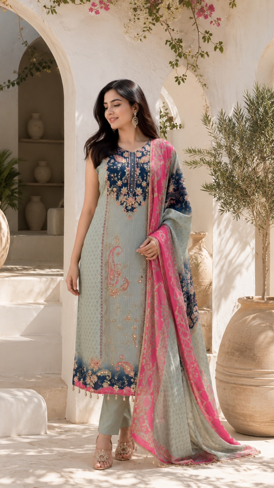 Women's Mint Green Floral Printed Straight Kurta Set with Contrast Pink Dupatta