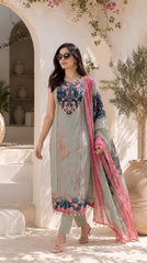 Women's Mint Green Floral Printed Straight Kurta Set with Contrast Pink Dupatta