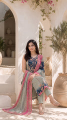 Women's Mint Green Floral Printed Straight Kurta Set with Contrast Pink Dupatta