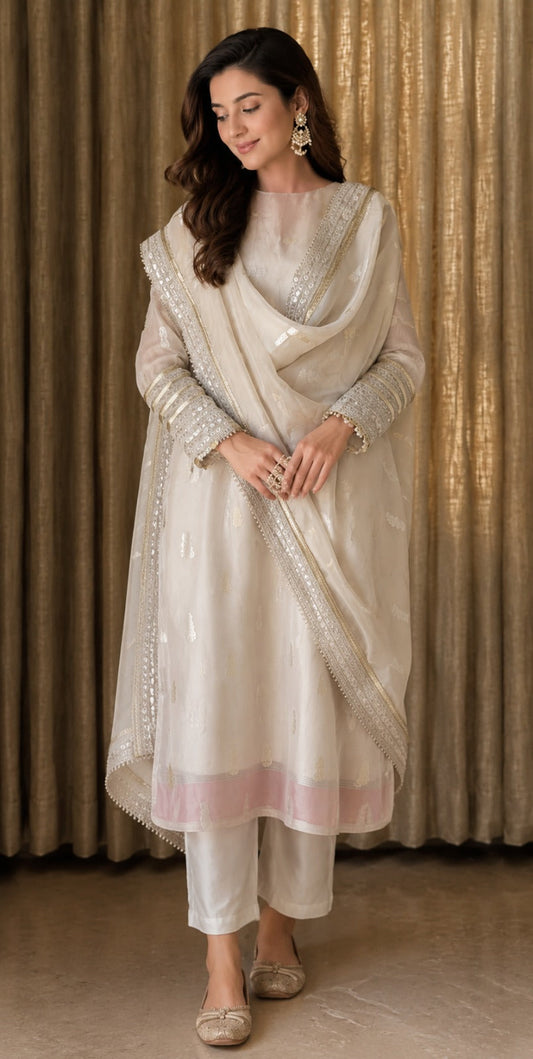 Women's Off-White Embroidered Straight Kurta Set with Dupatta