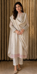 Women's Off-White Embroidered Straight Kurta Set with Dupatta