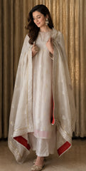 Women's Off-White Embroidered Straight Kurta Set with Dupatta