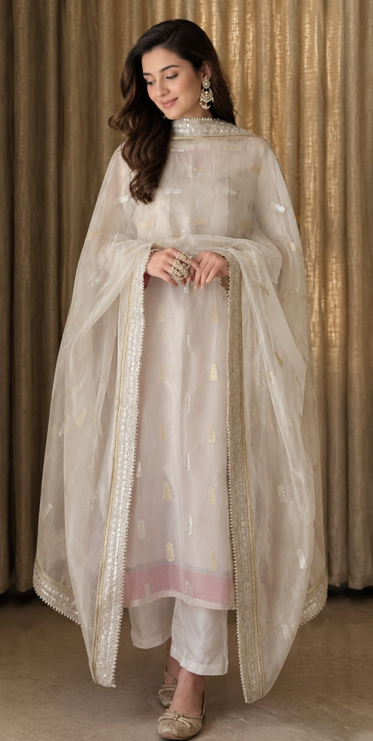 Women's Off-White Embroidered Straight Kurta Set with Dupatta