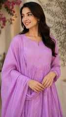 Lavender Chanderi Embroidered Anarkali Suit Set with Dupatta & Pants