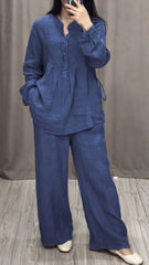 Relaxed Fit Mandarin Collar Shirt with Wide Leg Pants