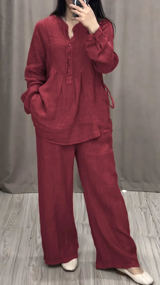 Relaxed Fit Mandarin Collar Shirt with Wide Leg Pants