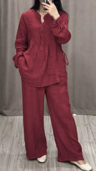 Relaxed Fit Mandarin Collar Shirt with Wide Leg Pants