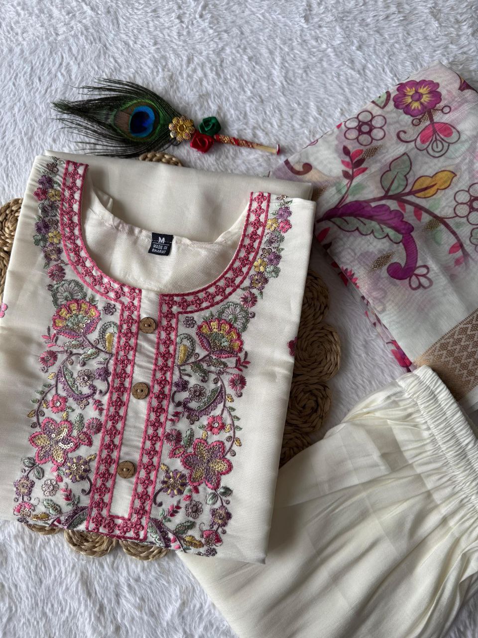 New Beautiful Hand Work Designers Kurta Pent Dupatta Set