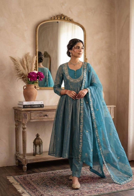 Sky Embroidered Anarkali Suit Set with Dupatta