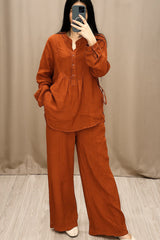Relaxed Fit Mandarin Collar Shirt with Wide Leg Pants