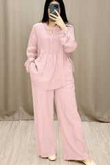 Relaxed Fit Mandarin Collar Shirt with Wide Leg Pants