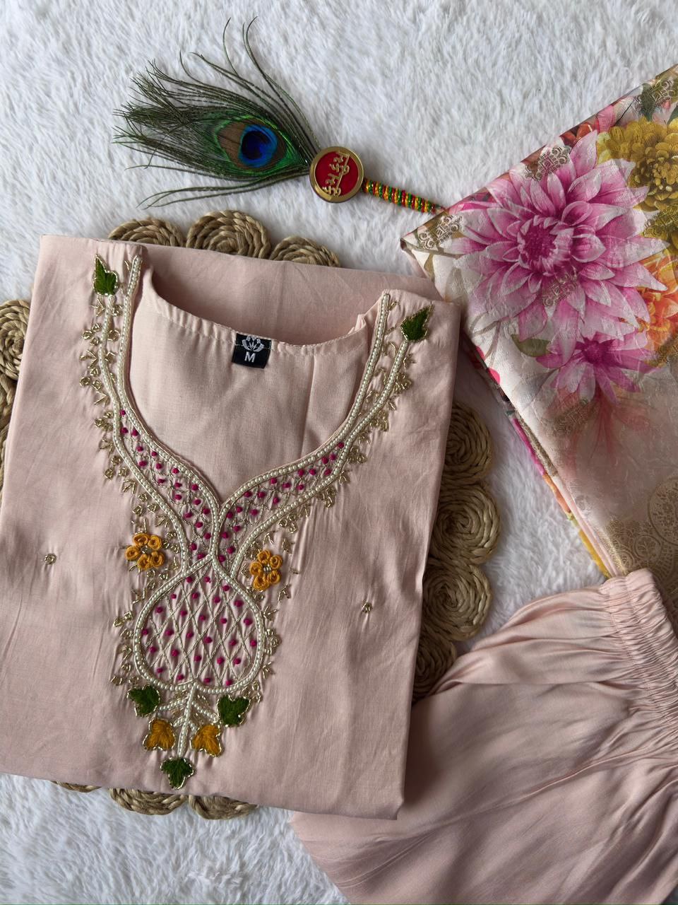 New Beautiful Hand Work Designers Kurta Pent Dupatta Set