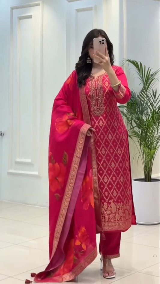 Red Banarasi Silk Premium Suit Set