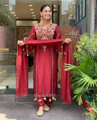 Elegant Maroon Cotton Embroidered Kurta Set with Dupatta