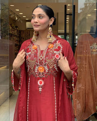 Elegant Maroon Cotton Embroidered Kurta Set with Dupatta
