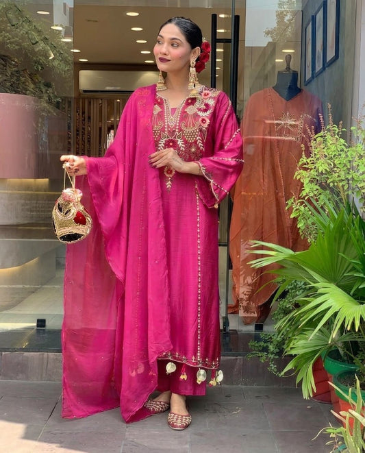 Elegant Pink Cotton Embroidered Kurta Set with Dupatta