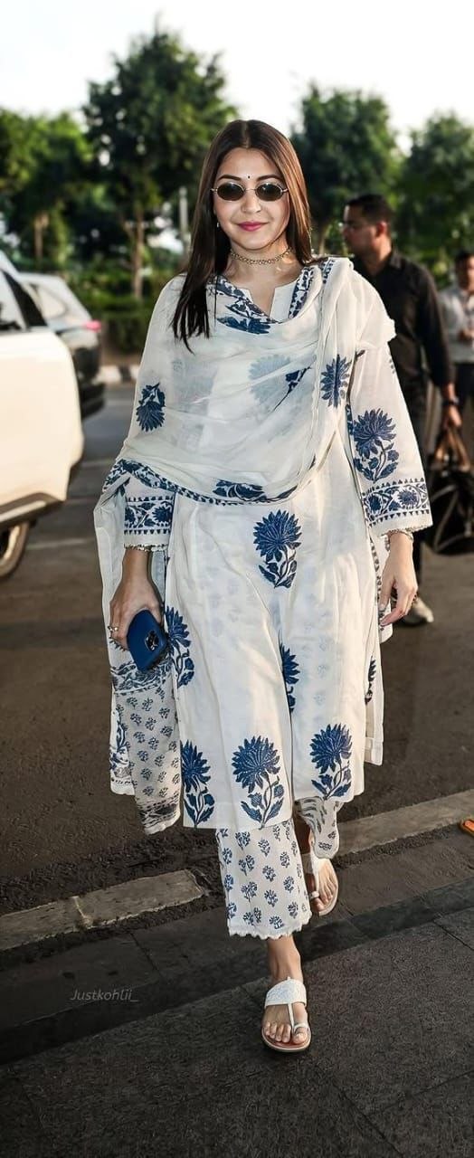 Blue Block Printed Side gather kurta with palazzo and printed dupatta