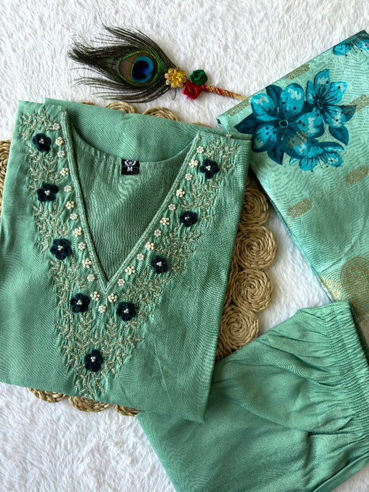 New Beautiful Hand Work Designers Kurta Pent Dupatta Set