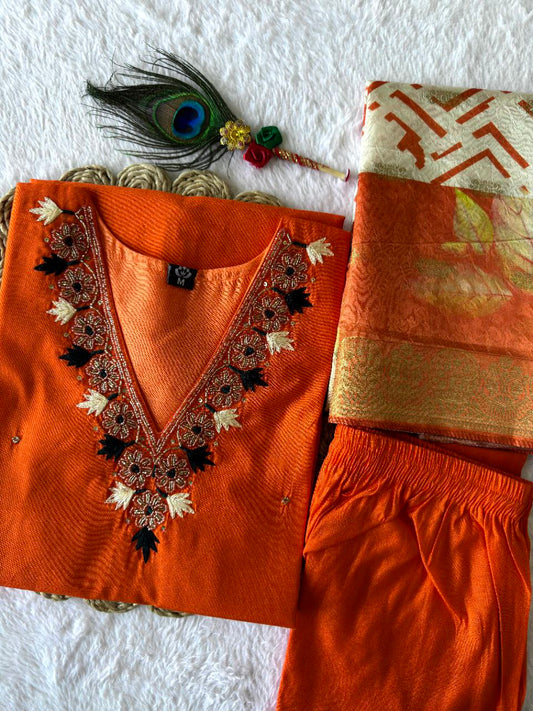 New Beautiful Hand Work Designers Kurta Pent Dupatta Set