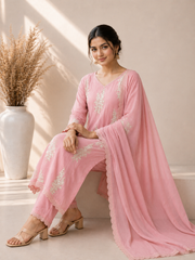 Women's Embroidered Straight Kurta Set with Dupatta